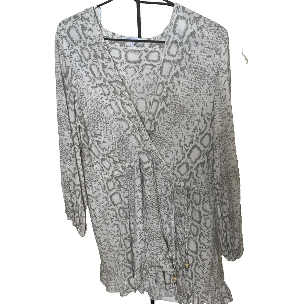 Blue Island Gray and White Long-Sleeve Snake-Print Wrap Dress Womens Size M